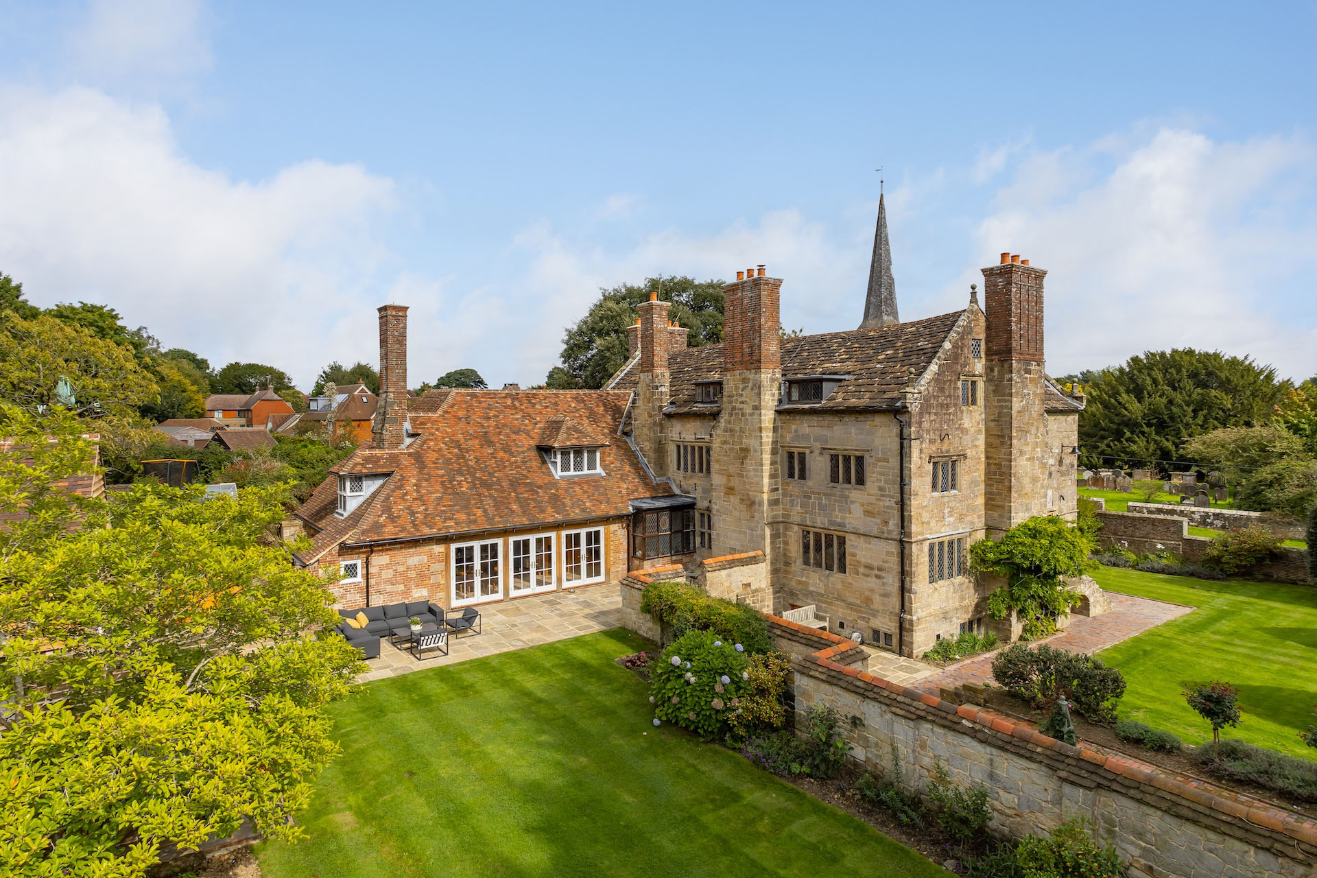 Aerial view of a historic country house and its grounds
