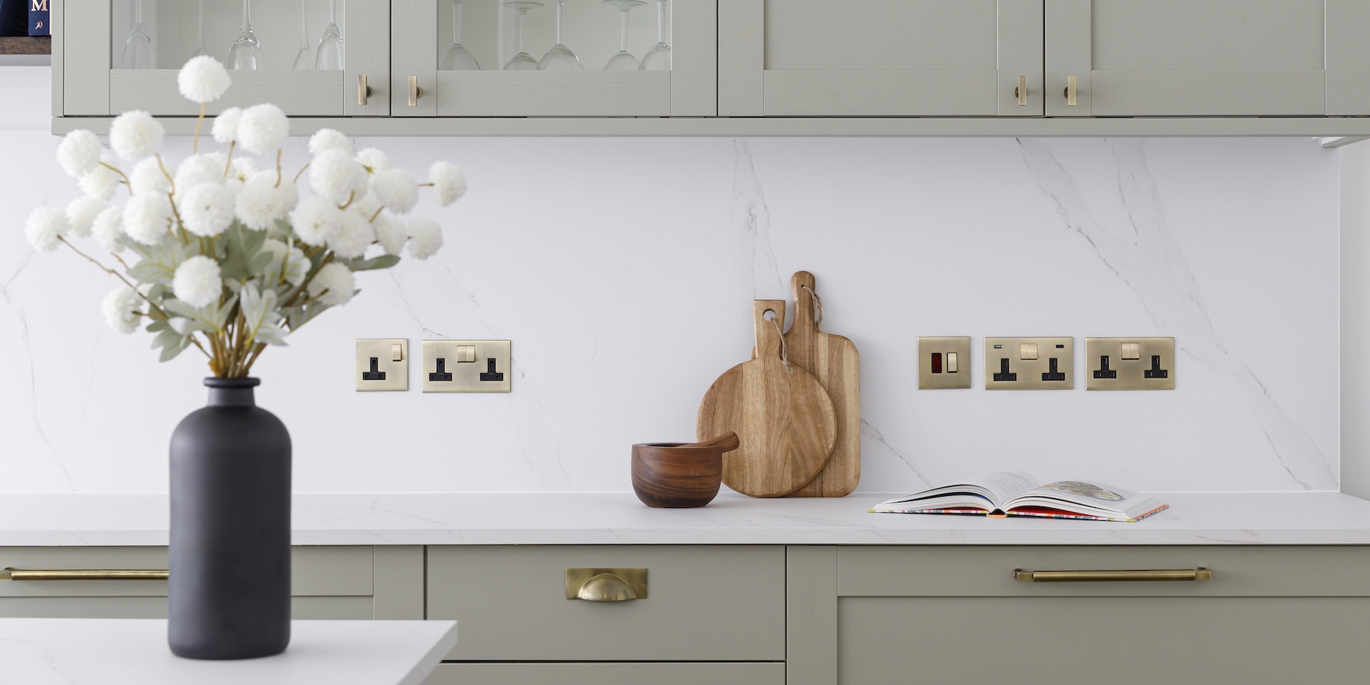 Kitchen styling with flowers and cutting boards